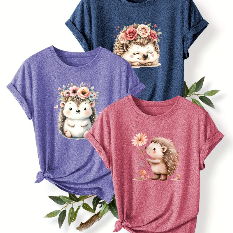 3pcs Women's Cute Hedgehog Graphic T-Shirts.
