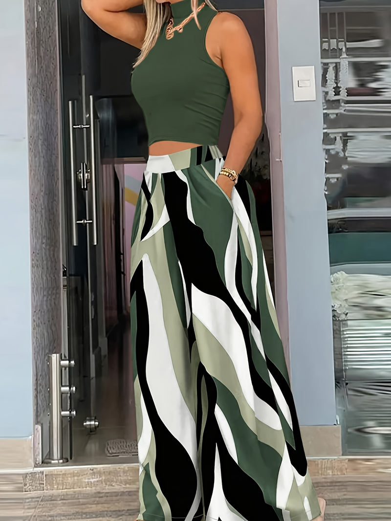 Women's Casual Vacation Style Half-High Neck Top and Wave Pattern Wide-Leg Pants.