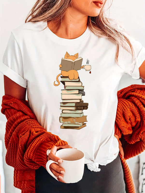 Women's Kawaii Cat & Books T-Shirt.