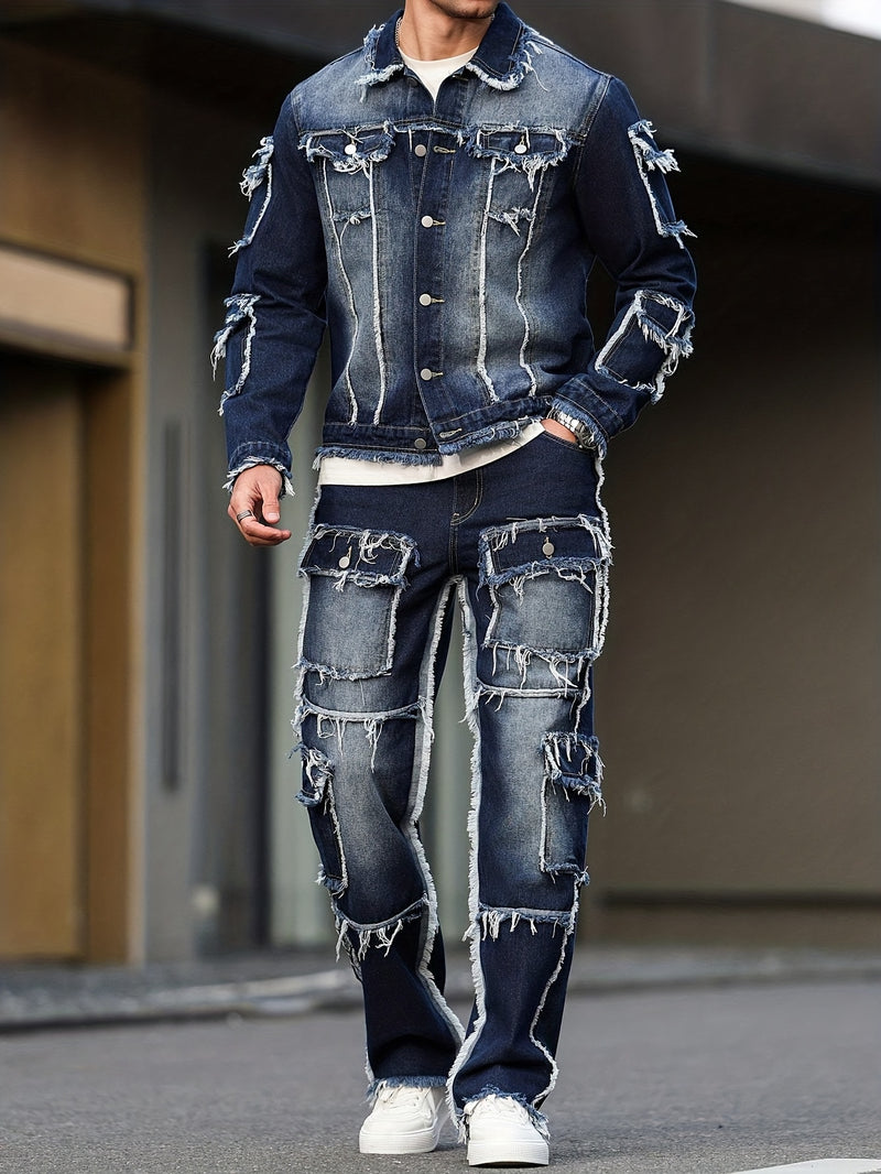 Men's High Street Style Distressed Raw Hem Patchwork Denim Set.