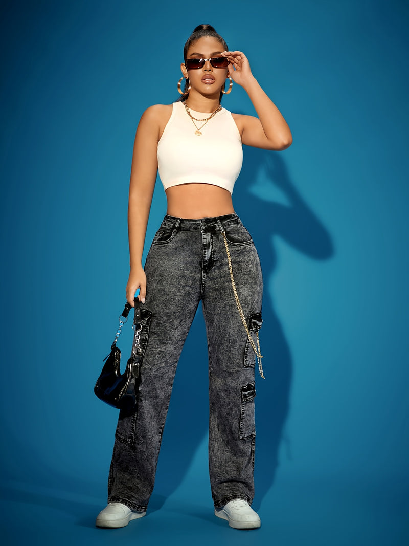 Women's High-Waist Stretch Cargo Jeans.