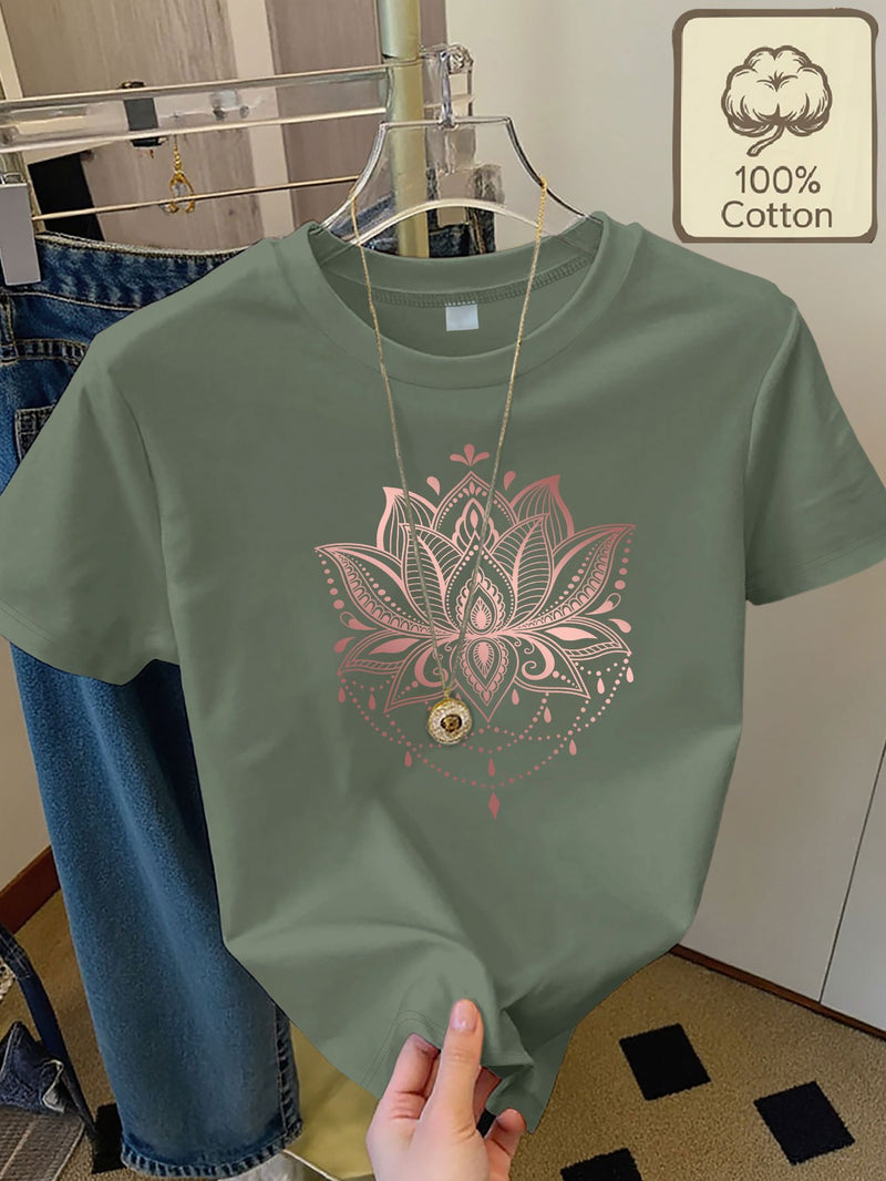 Women's Casual Home Printed Round Neck Pure Short Sleeve.