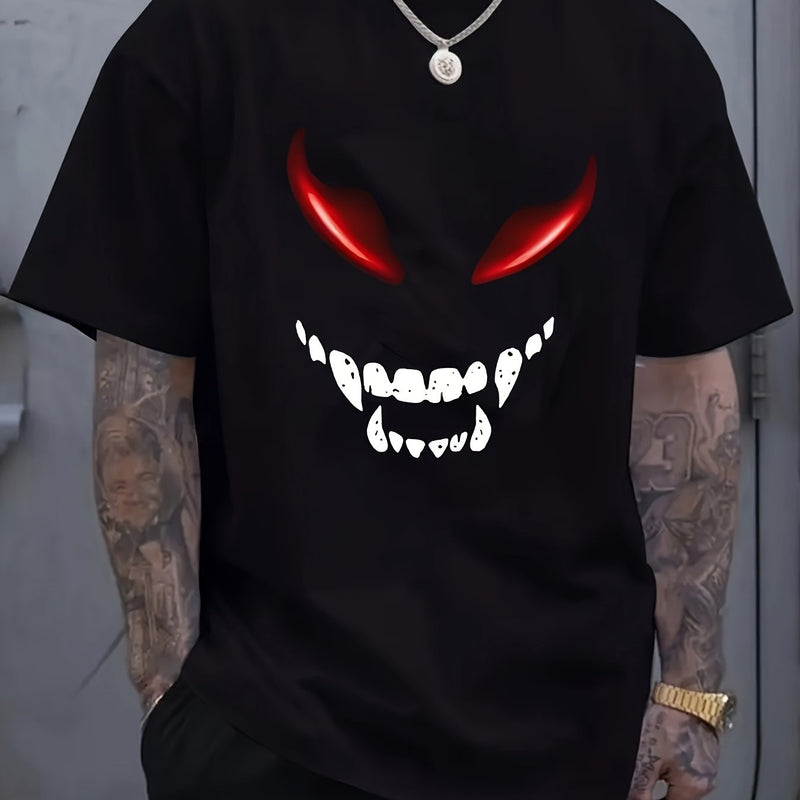 Men's Black T-Shirt with Red Devil Face Graphic.