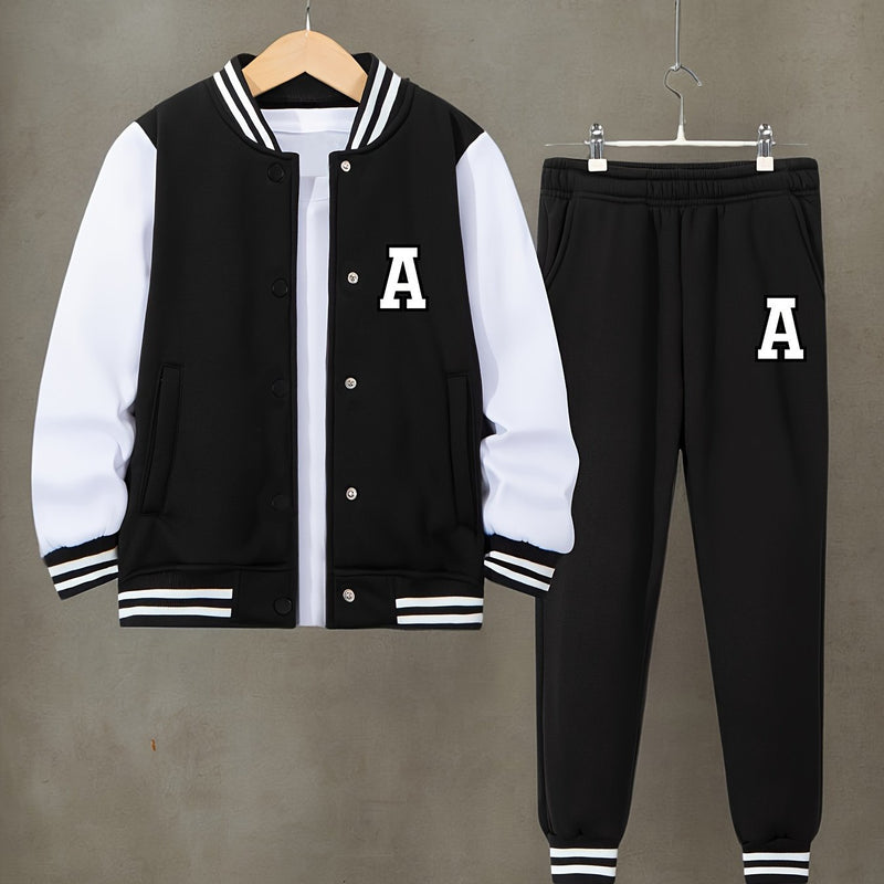 2pcs Boys  Winter Warm Letter 'A' Print Baseball Jacket & Pants Suit.