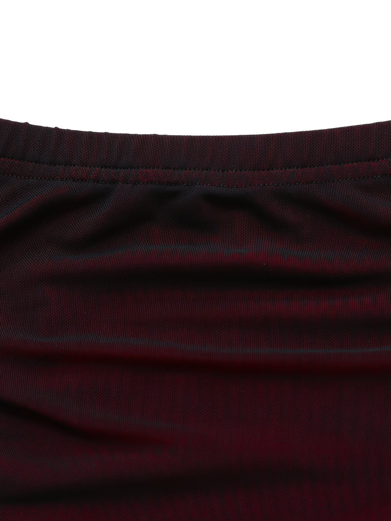 Red And Black Color-Blocked Mesh Bodycon Skirt.