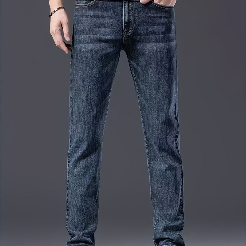 Men's Slim-Fit Stretch Denim Jeans in Dark Blue, Suitable for All Seasons.