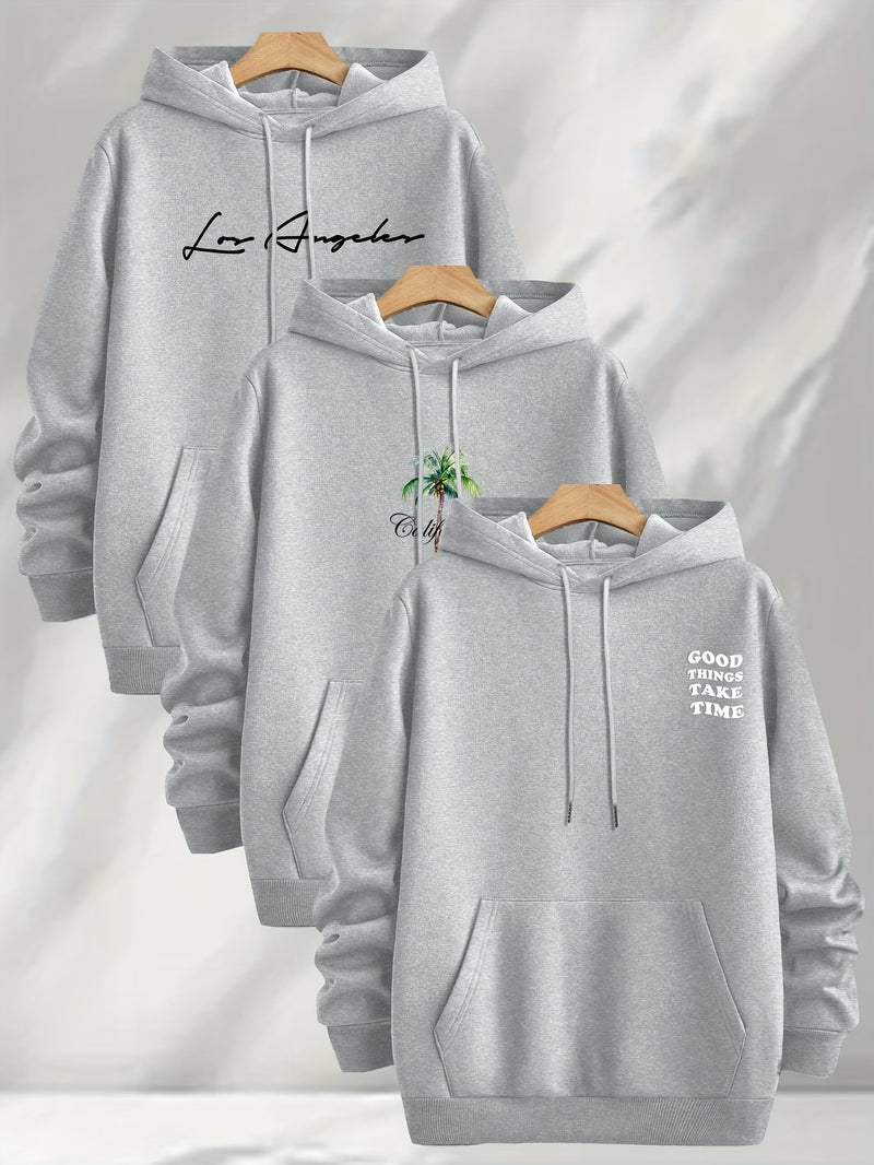3pcs Trendy Print Sweatshirt, Men's Casual Hooded Sweatshirt.