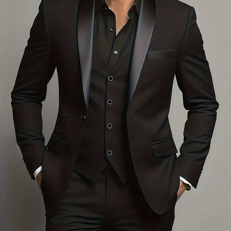 Men's 3pcs Wedding Suit Set - Slim Fit Business Suit Jacket + Single-Breasted Vest.