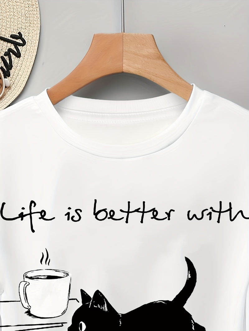 Women’s Casual Short Sleeve T-Shirt with Whimsical Cat & Book Art Print.