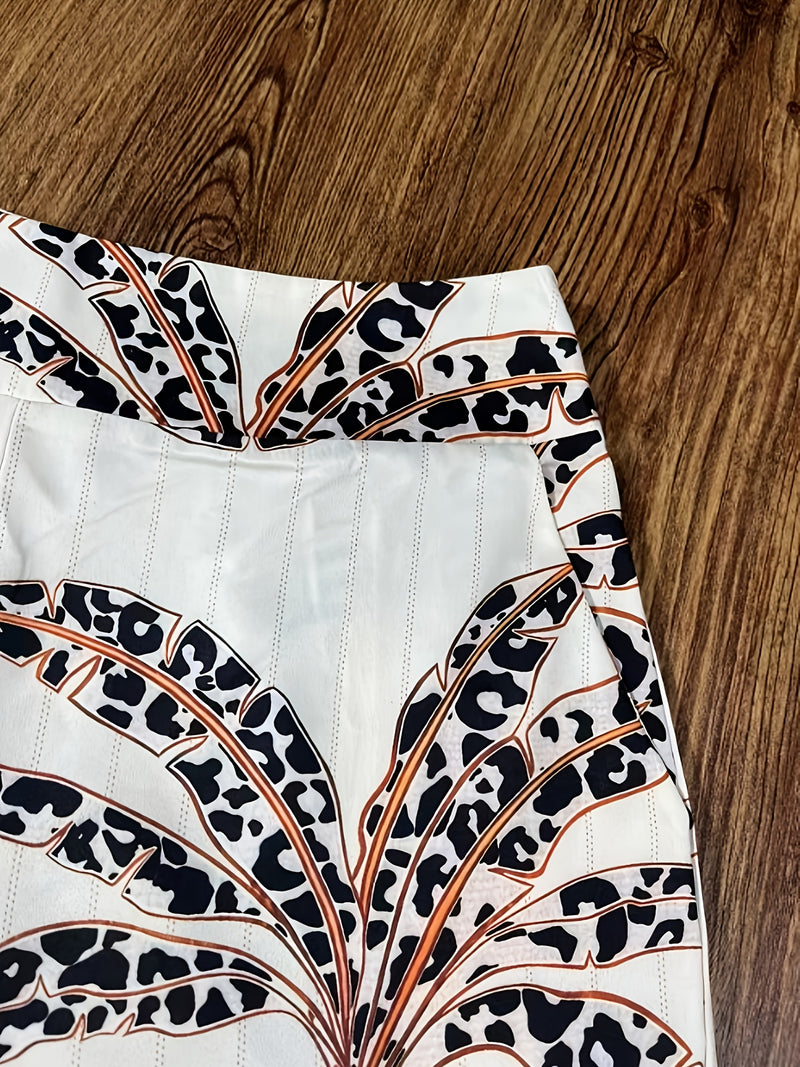 Women’s 2pcs Set, Brown V-Neck Vest Top Without Padding + Printed Pants.