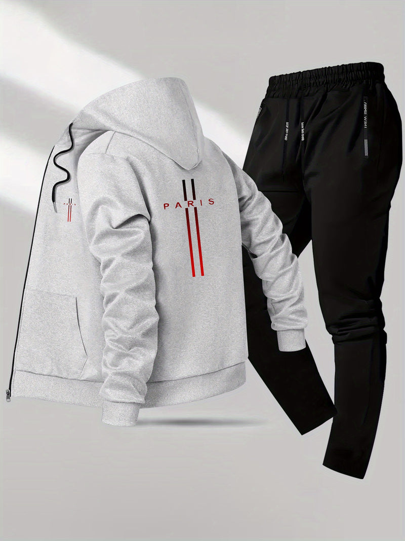 Men's 2pcs Slim-Fit Winter Jacket & Pants Suit with Paris Lettering.