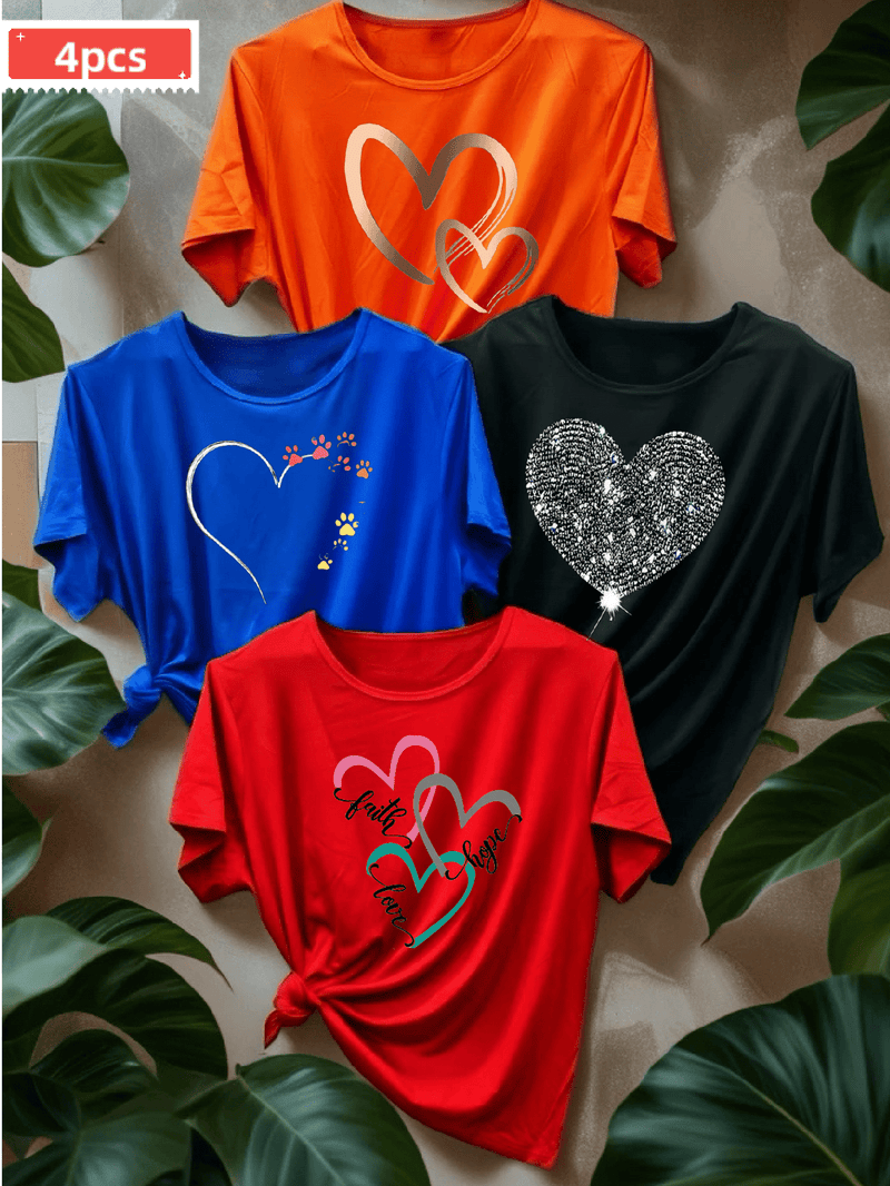 A Set of Four Diverse Heart-Patterned T-Shirts for Women.