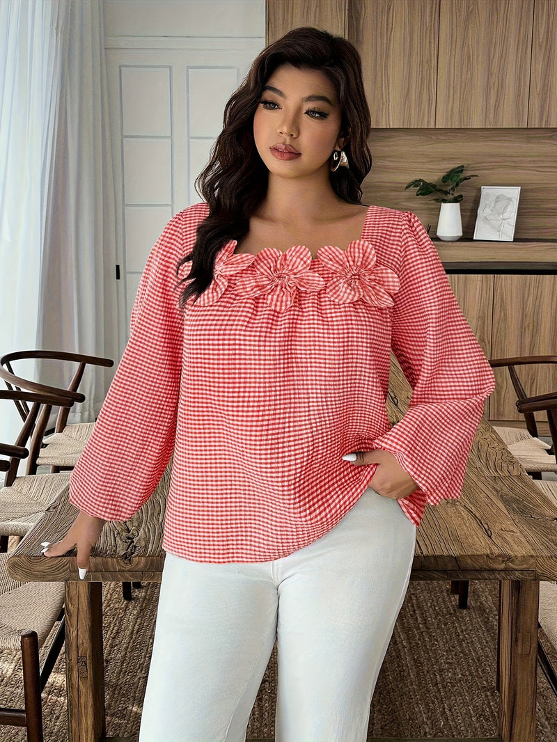Plus Size Checkered Floral 3D Decorative Long Sleeve Women's Autumn Shirt.
