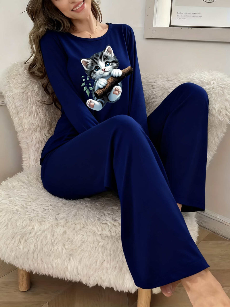 Women's Home Clothing Two-Piece Set with White Bow, Autumn And Winter.