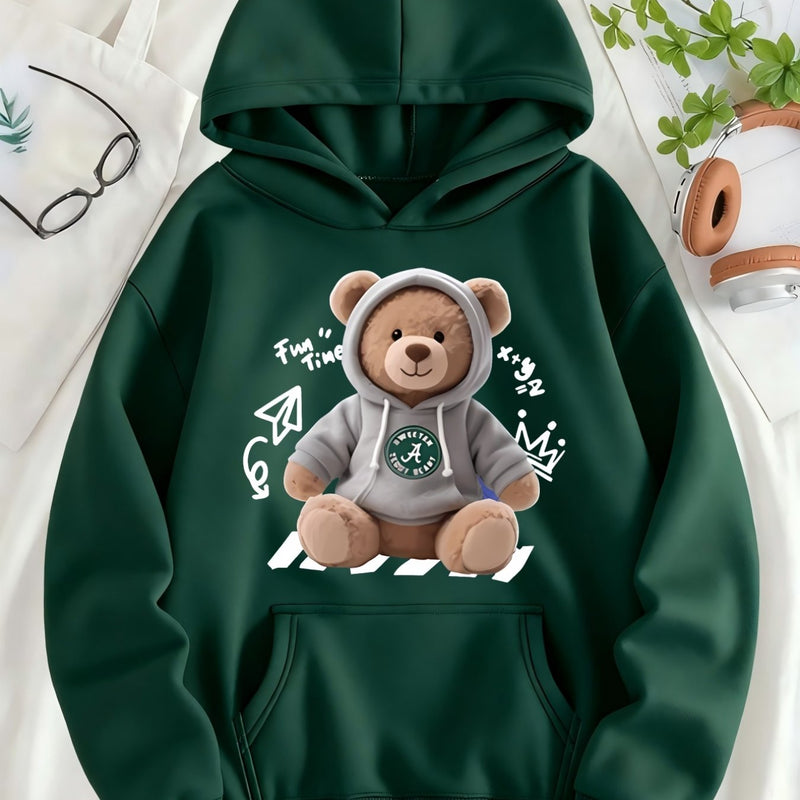 Cute Bear Printed Hoodie | Women'S Long Sleeve Hooded Sweatshirt.