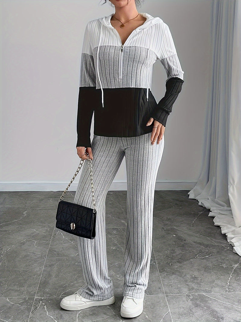 2pcs Women's Ribbed Hooded Sweatshirt and Pants Set.