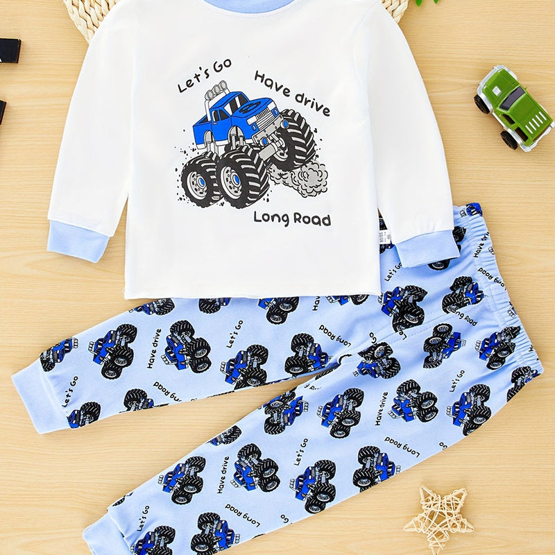 2pcs Cartoon Vehicle Pattern Pajama Set for Toddler.