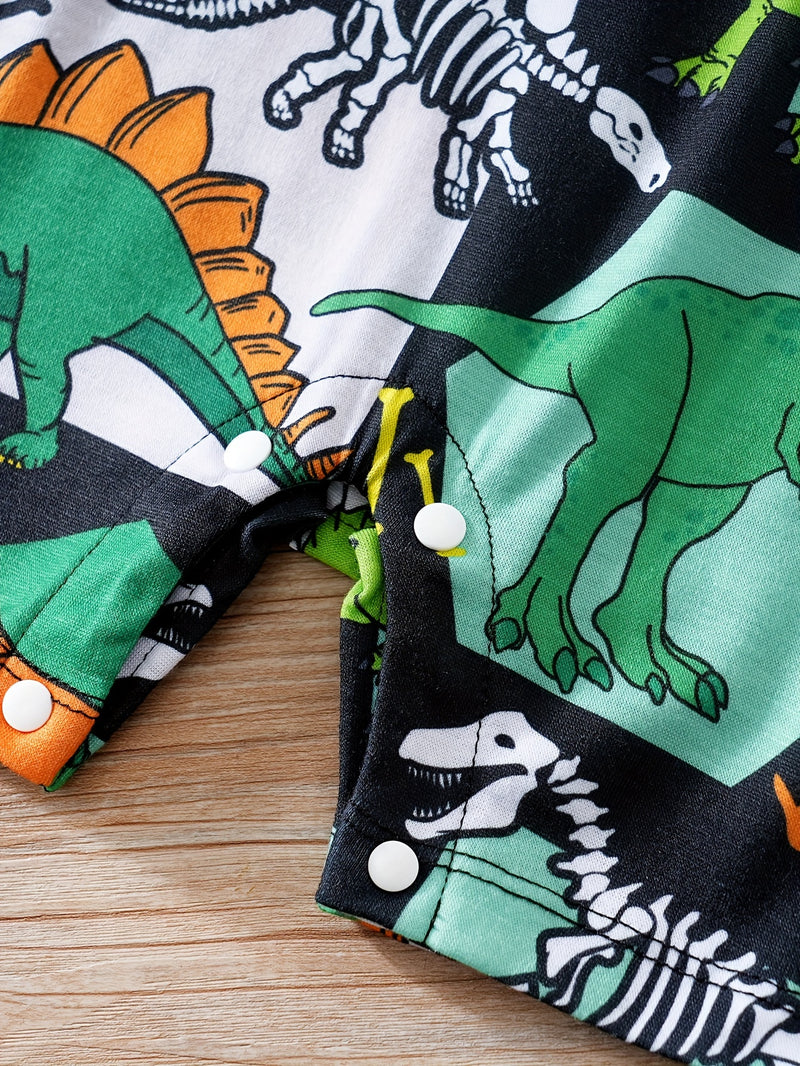 Summer Baby Romper with Cartoon Dinosaur Print And Faux Two-Piece.