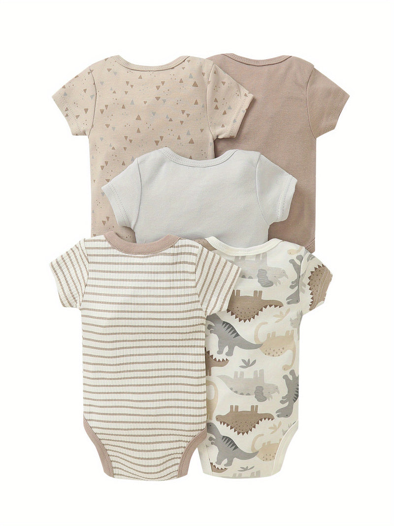 5pcs Set Newborn Infant Romper Animal Dinosaur Striped Suitable for Baby Boy.