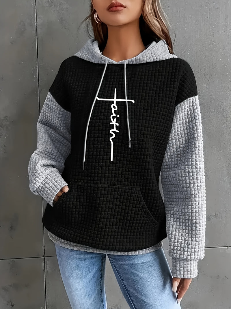 Women's Casual Oversized Hoodie with Checkered Texture & Letter Print.