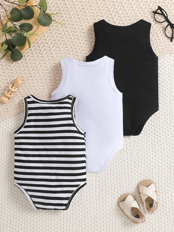 Baby 3pcs Set Bodysuit, Baby Summer Round Neck Striped Bodysuit.