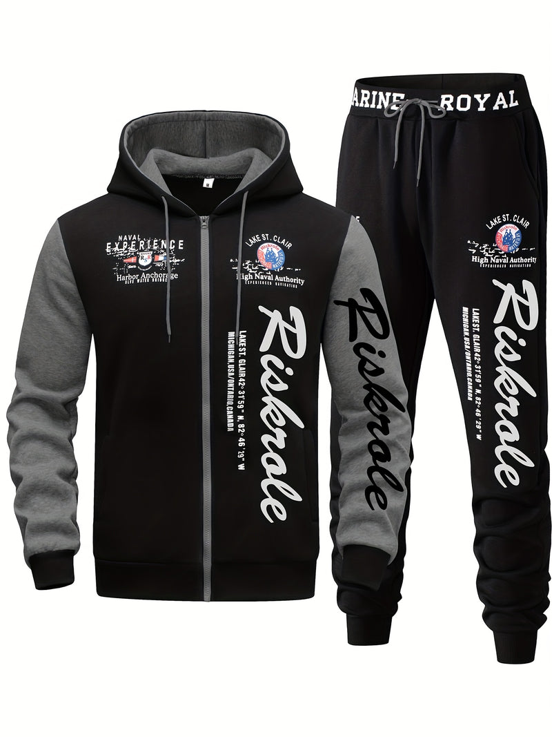 Men's Hooded Sweatshirt with Letter Print, Two-Piece Sports Running Outfit.