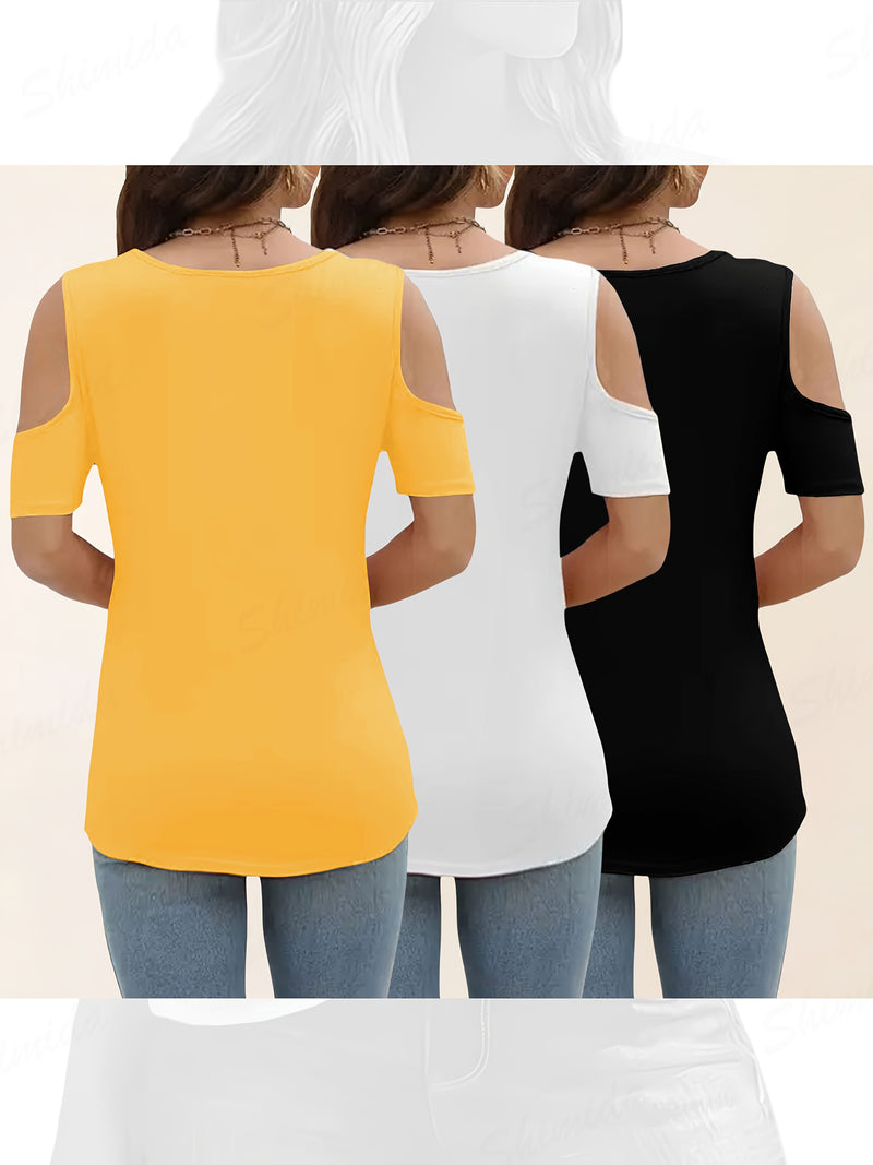Three-Piece Summer Off-Shoulder Short-Sleeve T-Shirt for Women.