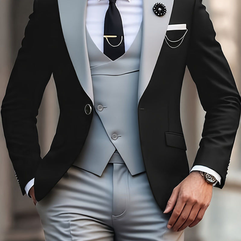 Men's 3pcs Suit Set, Blazer + Vest + Trousers.