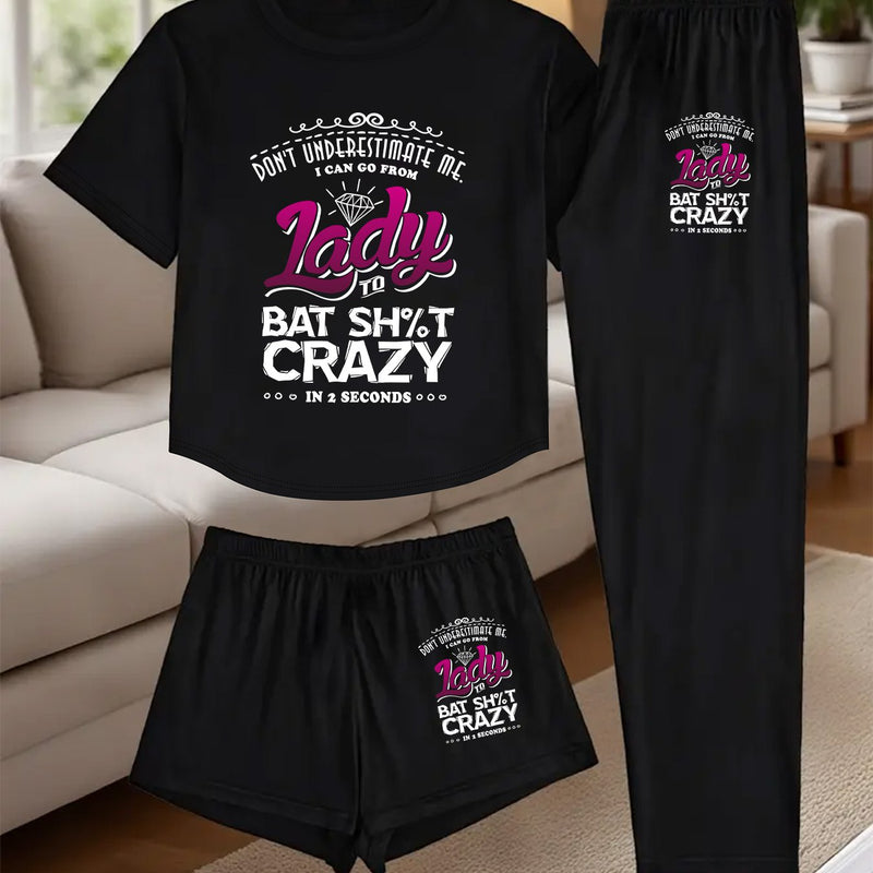 A Three-Piece Women's Loungewear Set, Featuring a Printed Design.