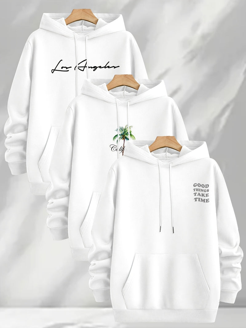 3pcs Trendy Print Sweatshirt, Men's Casual Hooded Sweatshirt.