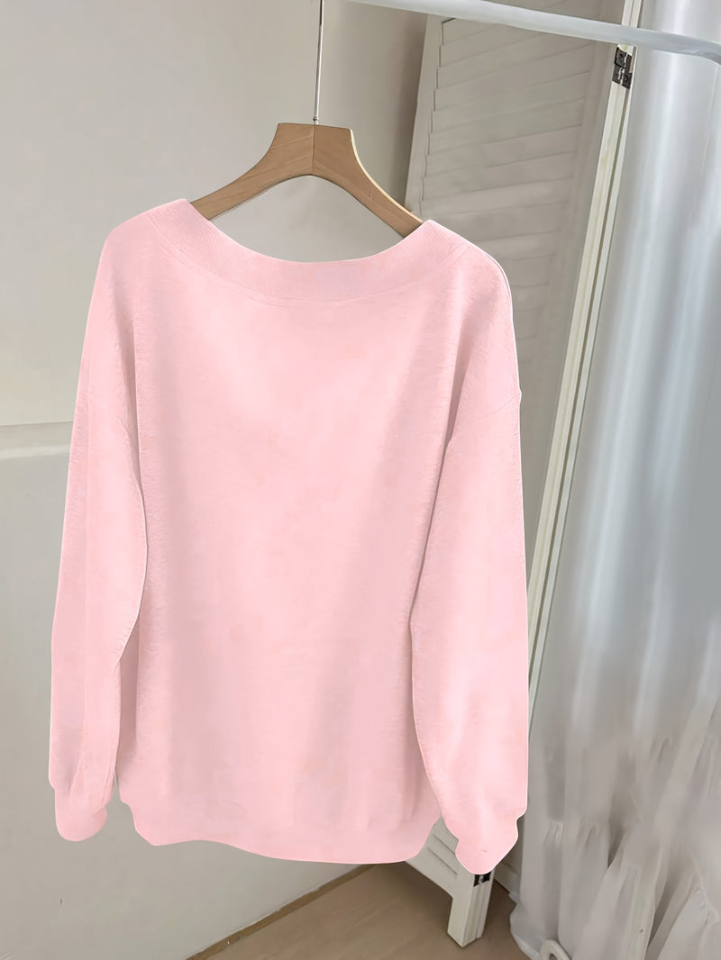 Women's Pink V-Neck Long Sleeve Sweater with German Letter Print.
