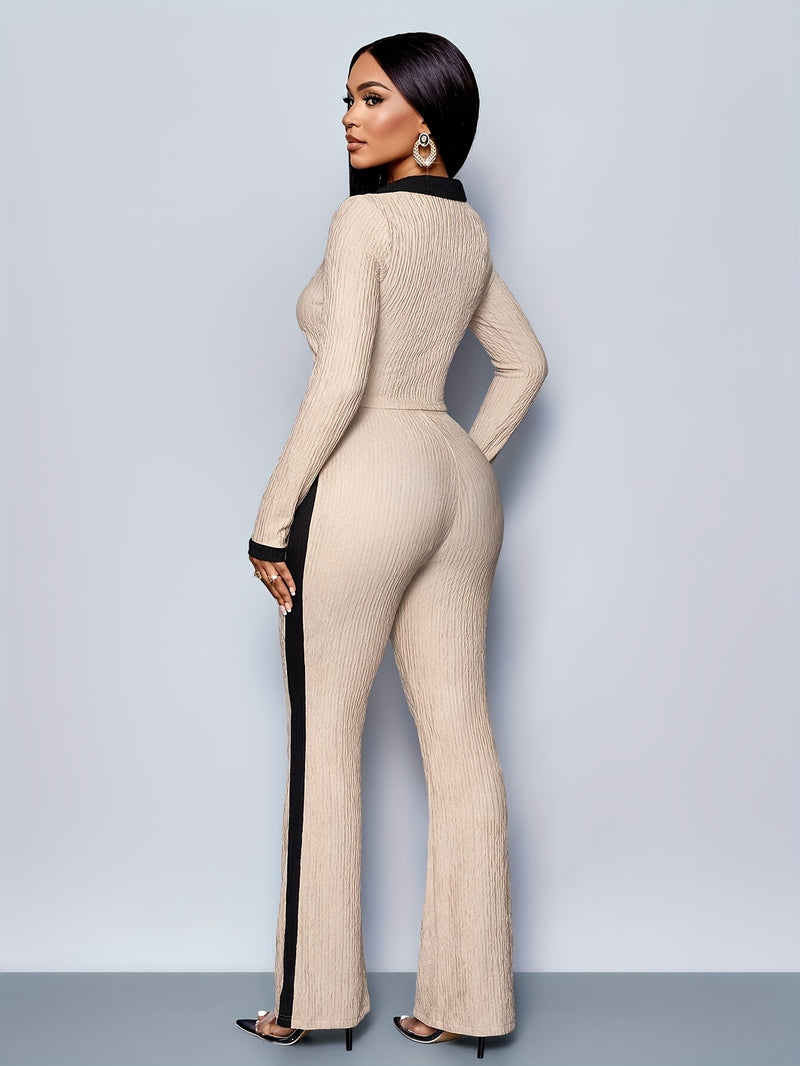 Women’s Elegant Two-Piece Chic Long Sleeve Collar Top & Contrast Trim Flared Pants.