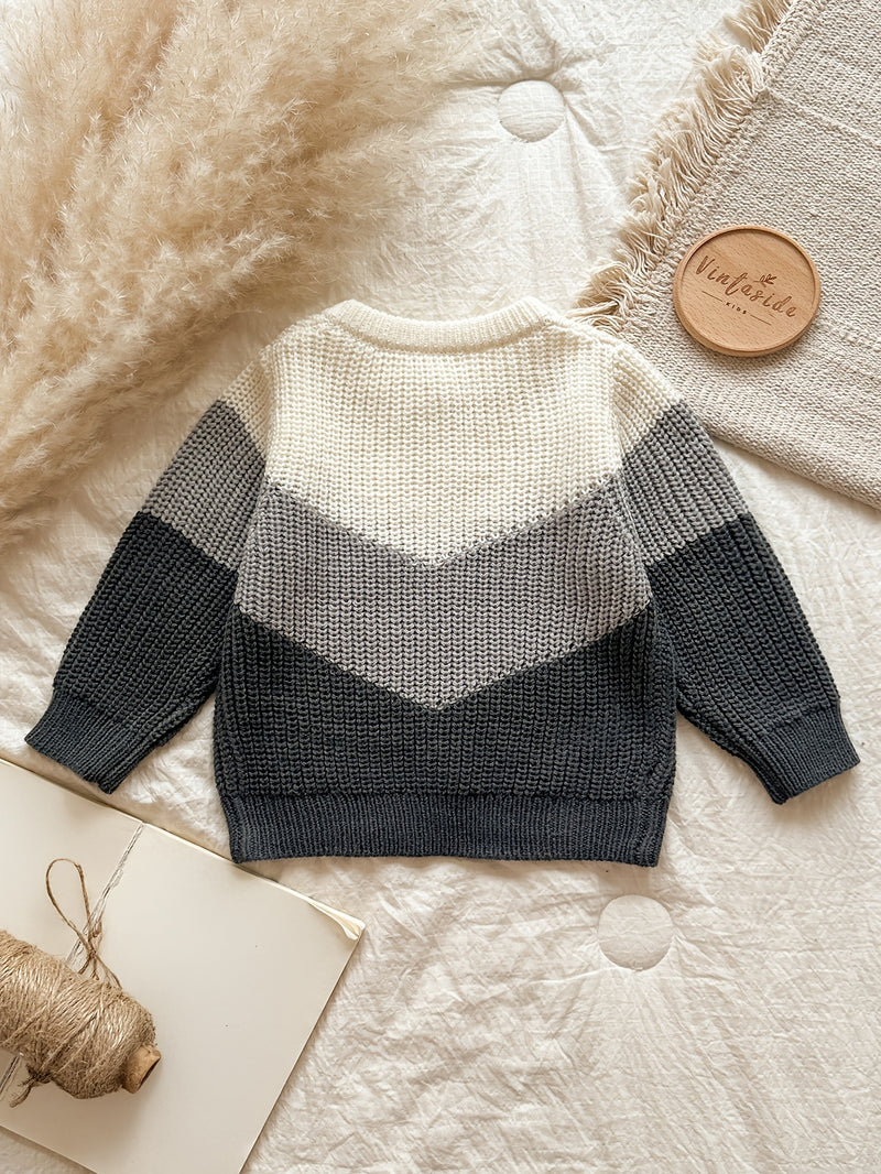 Baby Retro Tricolor Color Blocking Knitted Cardigan.