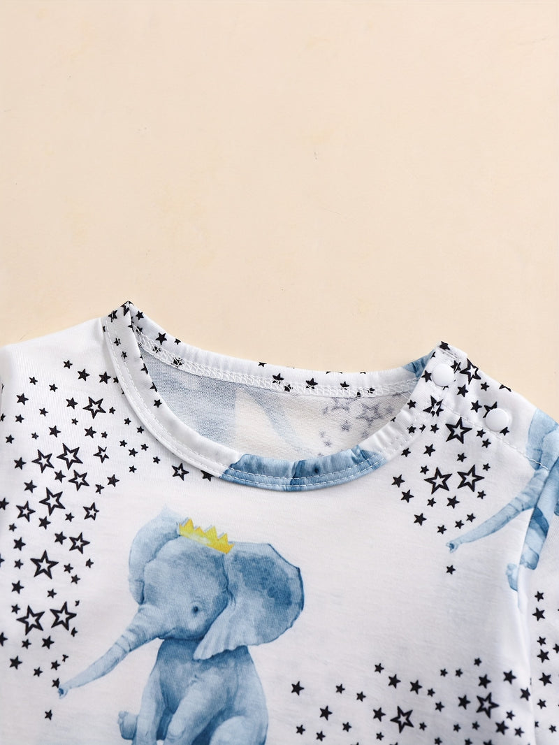 Cute Baby Elephant Water Play Pattern Long-Sleeve Romper.