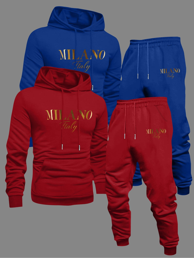 Men's Fashion Slogan Hoodie Four-Piece Set with Drawstring Elastic.