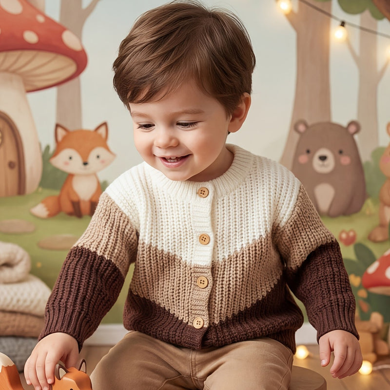 Baby Retro Tricolor Color Blocking Knitted Cardigan.