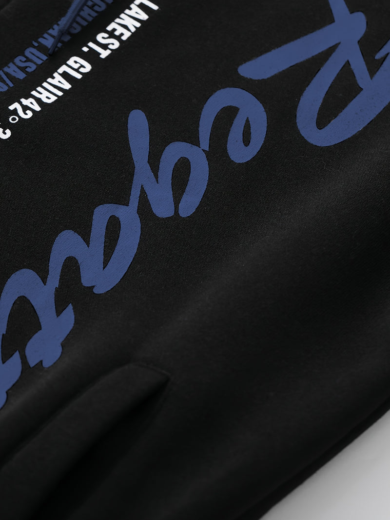 Men's Hooded Sweatshirt with Letter Print, Two-Piece Sports Running Outfit.