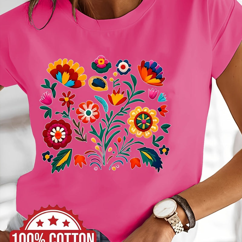 Women’s Casual Short-Sleeve T-Shirt with a Floral Graphic Print.