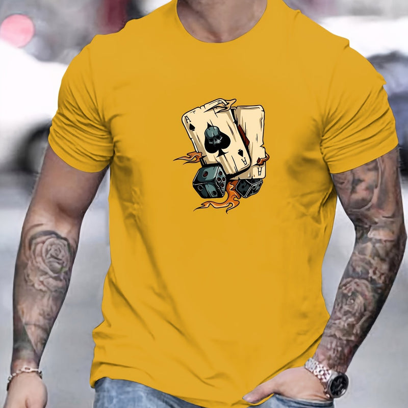 Men's Poker Card Pattern Summer Casual Crew Neck Short T-Shirt.