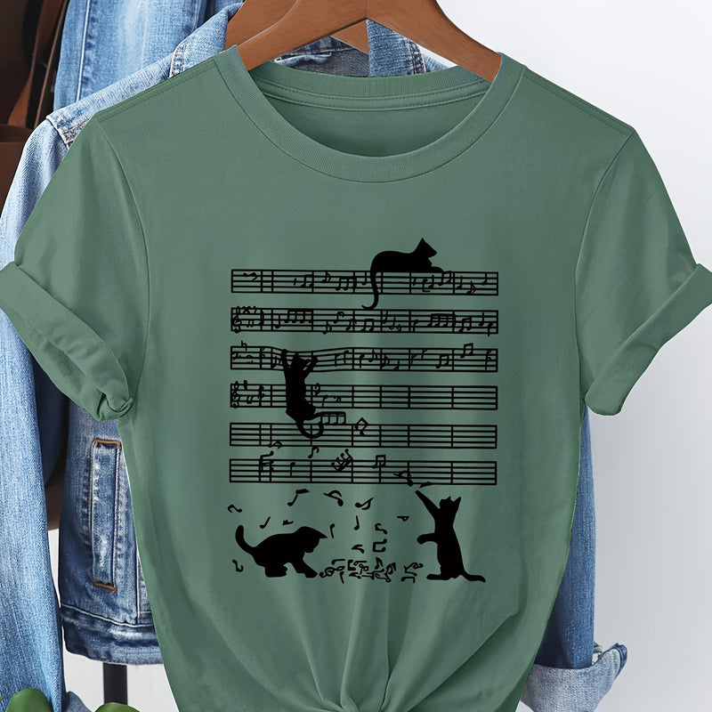 Women's Casual Short Sleeve T-Shirt with Music Note & Cat Print.