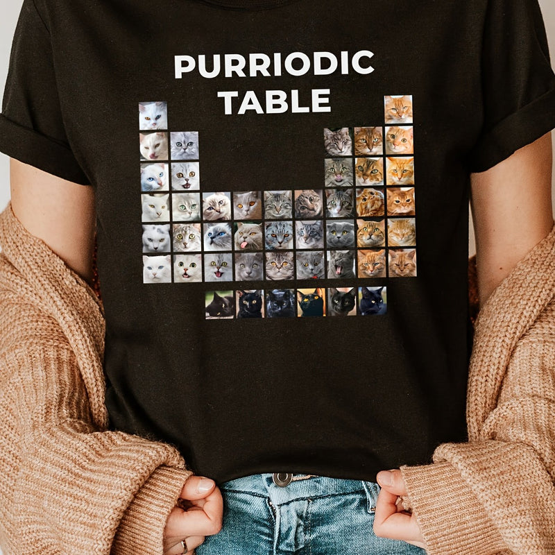 Women's Clothing Cat Print Crew Neck T-shirt.