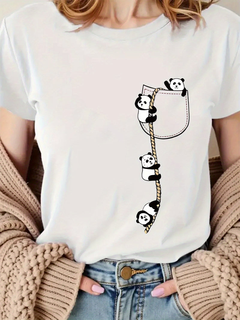 Women’s  Pocket Panda Climbing Rope Cute Pattern Print Fashion Crew Neck T-Shirt.