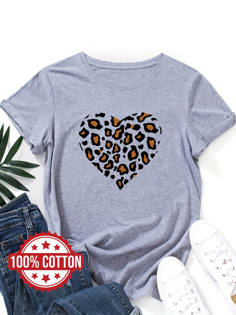 Women's "Leopard-print Heart" Graphic Print T-Shirt.