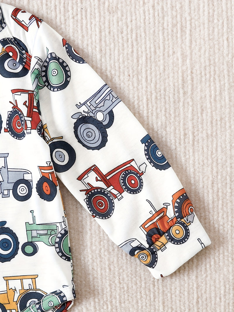 Boys' Cute Cartoon Tractor All-Over Print Romper and Comfortable Pants.