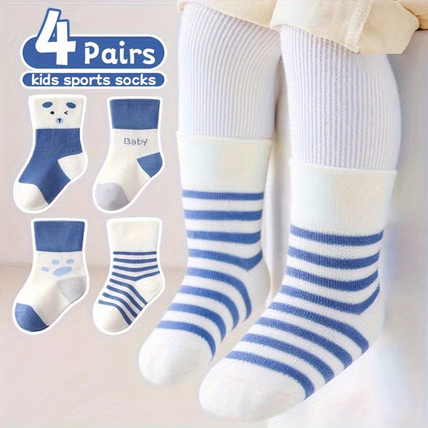 Y03-Blue Bear-4 Pairs of Baby Socks for Spring, Autumn, And Winter.