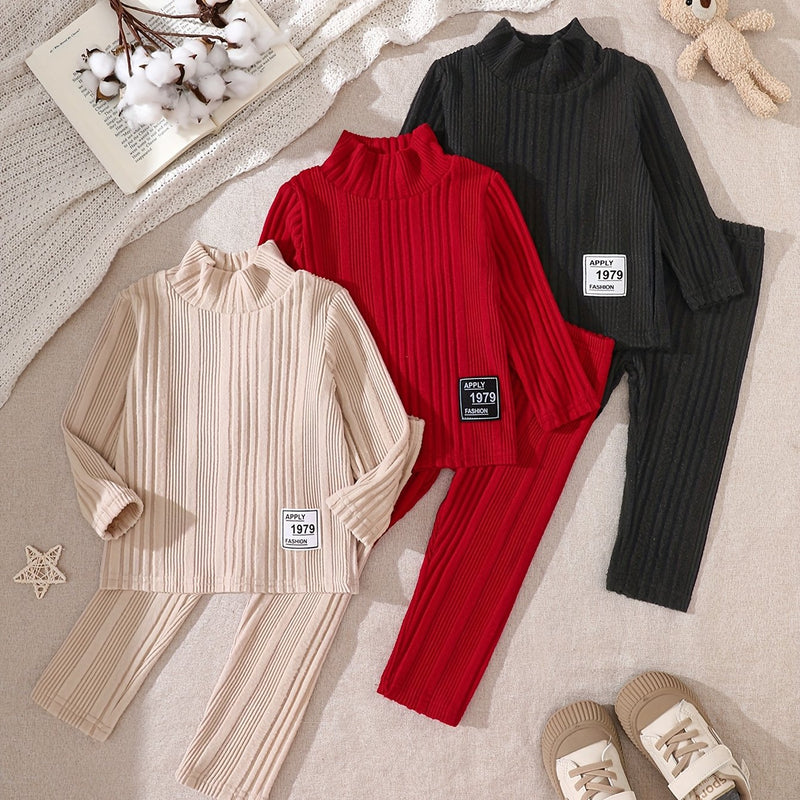 6pcs Kids Fleece Ribbed Long Sleeve Pants Set Fashion Casual Elastic.