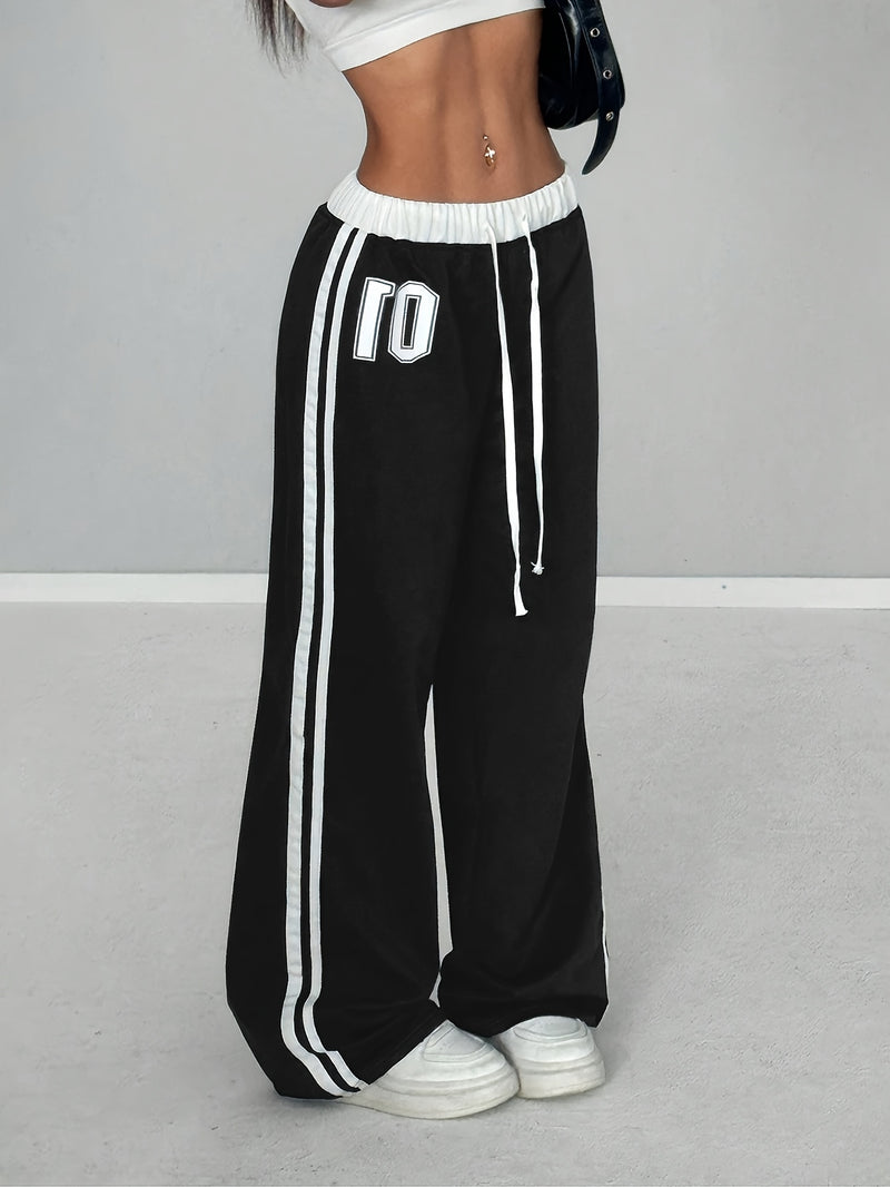 Women'S Color Block Number Print Belt Stitching Casual Street Loose Long Pants.