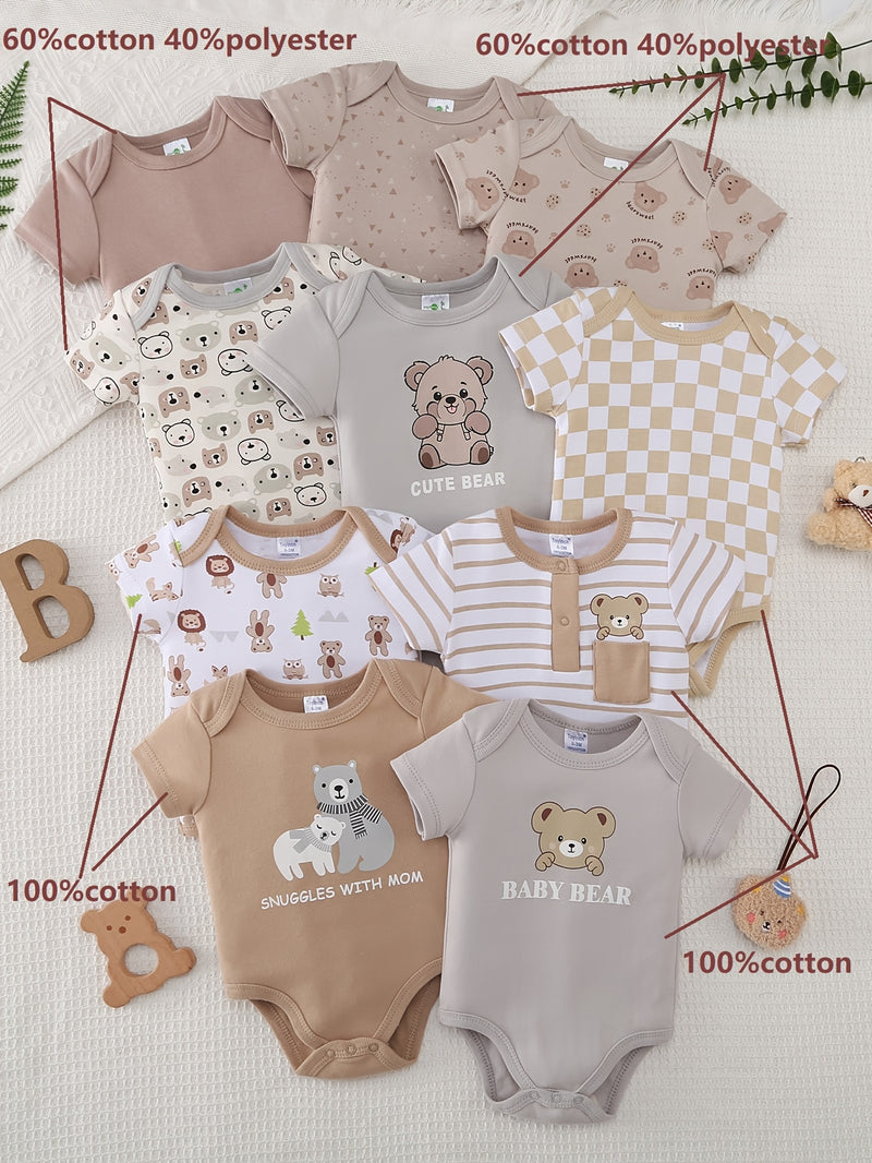 10pcs Boys' Onesies Set - Short Sleeve Snap-Fit Rompers with Bear & Animal Print.