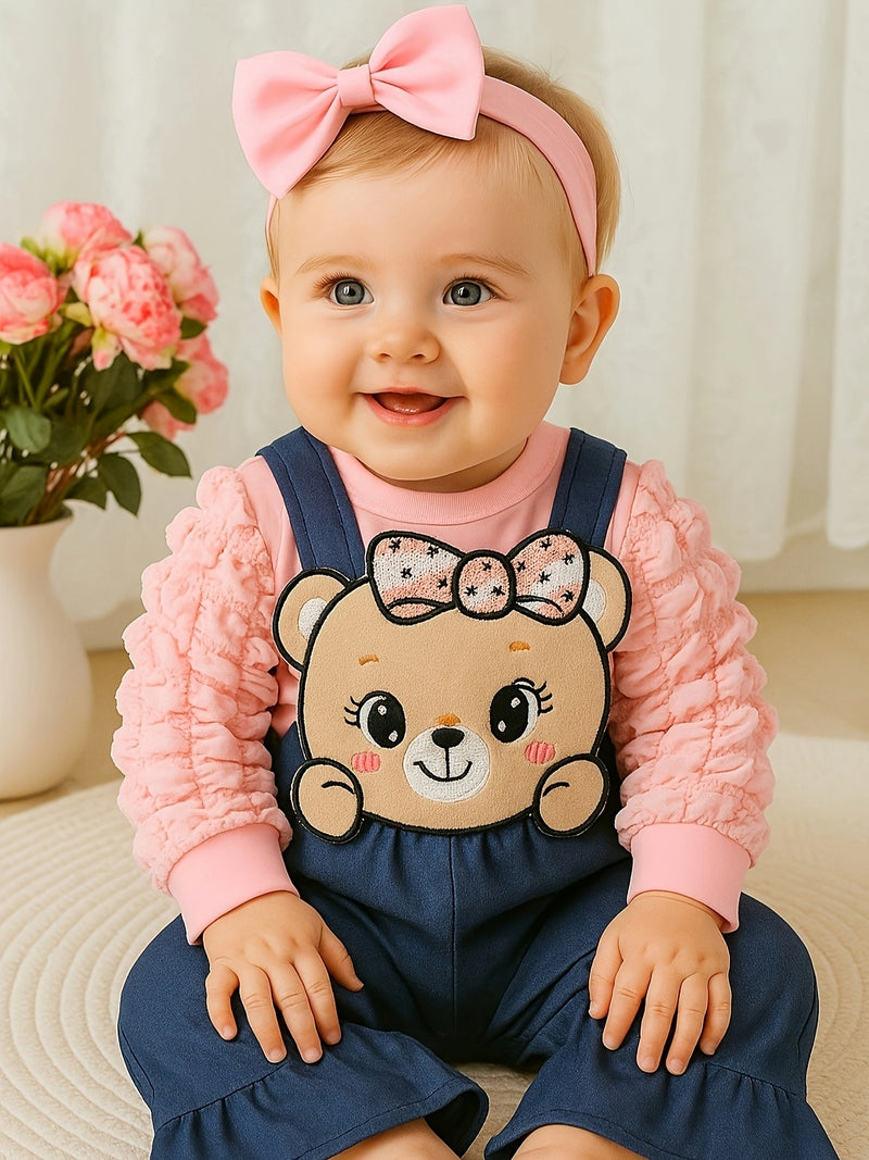 Hibobi 3pcs Denim Jumper Set with Bear Motifs for Baby Girls.
