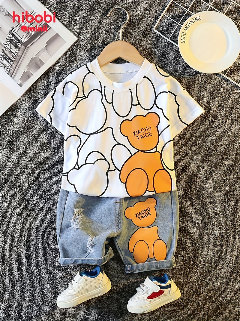 hibobi Cartoon print long sleeve t-shirt with denim shorts, Perfect for Outdoor.